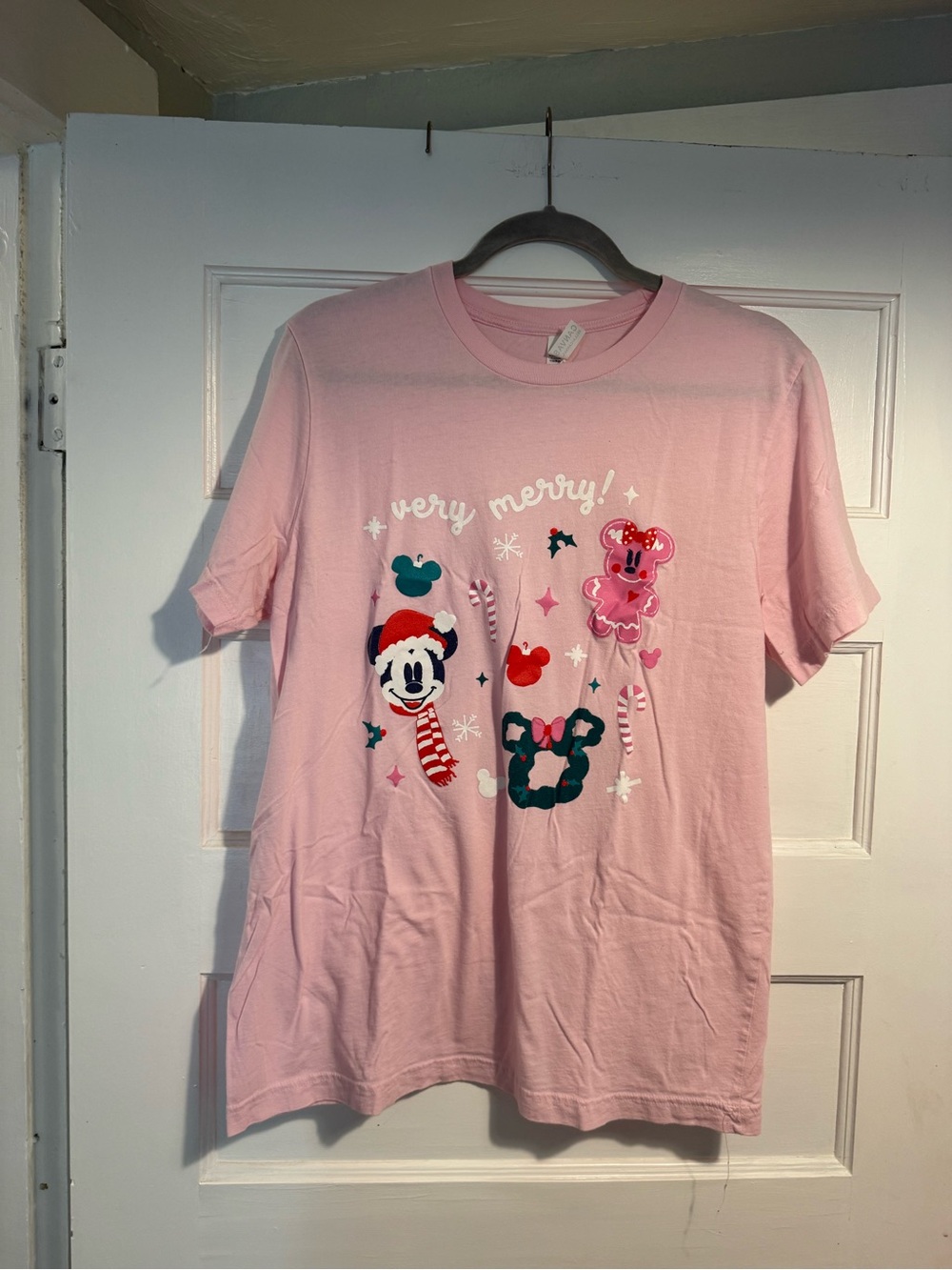 Bella Canvas Pink Holiday Graphic Tee with Festive Disney Characters